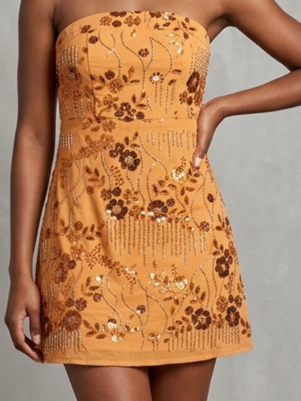 Stunning Beaded Sequin Strapless Mini Dress – Warm Orange – Size S